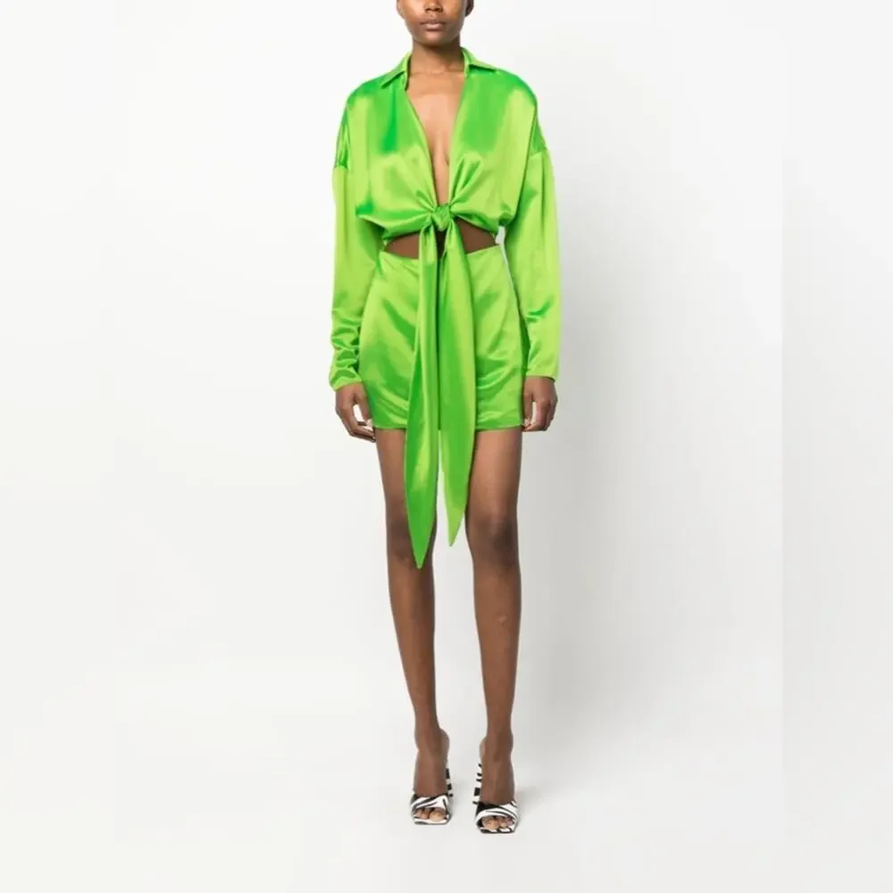 RETROFETE Knot-Detail Cut-Out Shirtdress Lime Green Deep V-Neck Tie Front Sm NEW - Picture 3 of 16